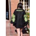 Boho Style Embroidered Blouse Black with Neon Green/White Embroidery